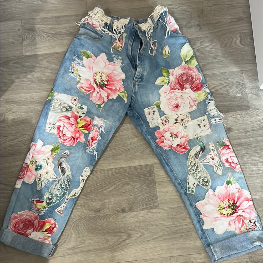 Wrangler Blue and Pink Boyfriend Jeans with Bold Floral Pattern